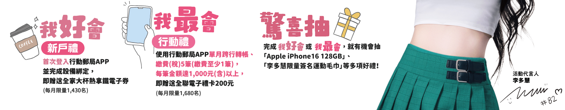 1.新戶禮：活動期間內，首次登入行動郵局APP並完成設備綁定，即贈送全家大杯熱拿鐵電子券1份，每月限量1,430名，依完成之先後順序給獎(每人限領1份)。2.行動禮：使用行動郵局APP單月跨行轉帳、繳費(稅)5筆(繳費至少1筆)，且每筆金額達新臺幣(以下同)1,000元(含)以上，即贈全聯電子禮卡200元1份，每月限量1,680名，依完成之先後順序給獎(每人限領1份)。3.驚喜抽 (需登錄活動網頁)：活動期間內使用行動郵局APP，跨行轉帳、繳費(稅)每筆金額達1,000元(含)以上，並登錄活動網頁，每一筆合格交易均可獲得1次抽獎機會。活動期間首次登入行動郵局APP完成設備綁定，並登錄活動網頁，亦可獲得1次抽獎機會，有機會抽iphone 16 128GB、李多慧限量簽名運動毛巾！。每戶僅需登錄1次，由系統自動擷取登錄帳戶之完成指定條件情形進行抽獎。